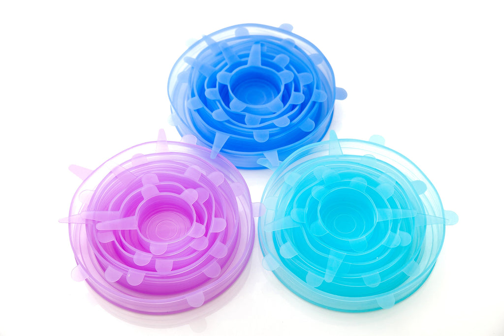 silicone stretch lids 6 pcs in blue, light blue and purple