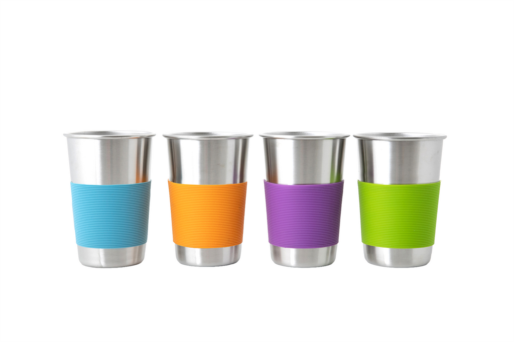 Assorted colour cups, orange, blue, purple and green