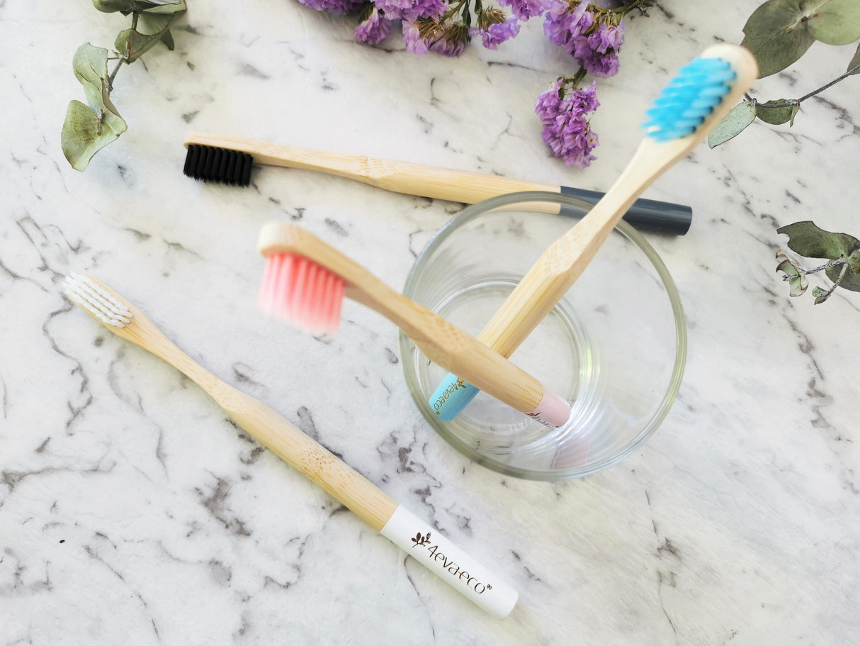 Bamboo toothbrushes charcoal, white, pink and blue