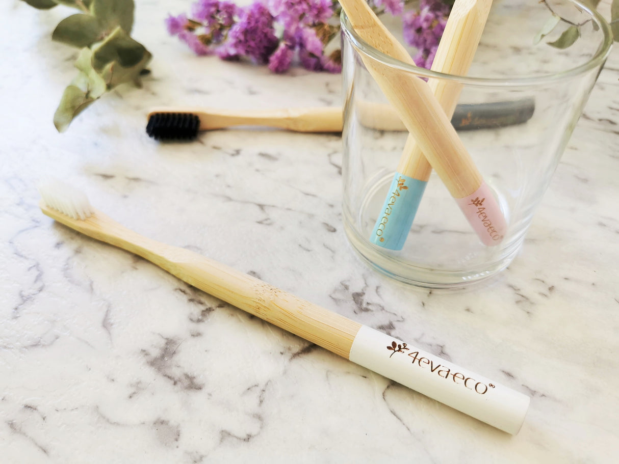 Bamboo toothbrushes charcoal, white, pink and blue