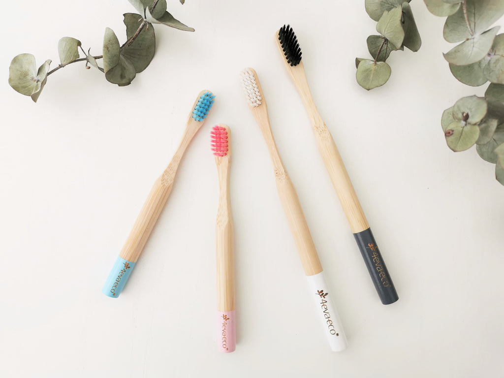 Bamboo toothbrushes charcoal, white, pink and blue