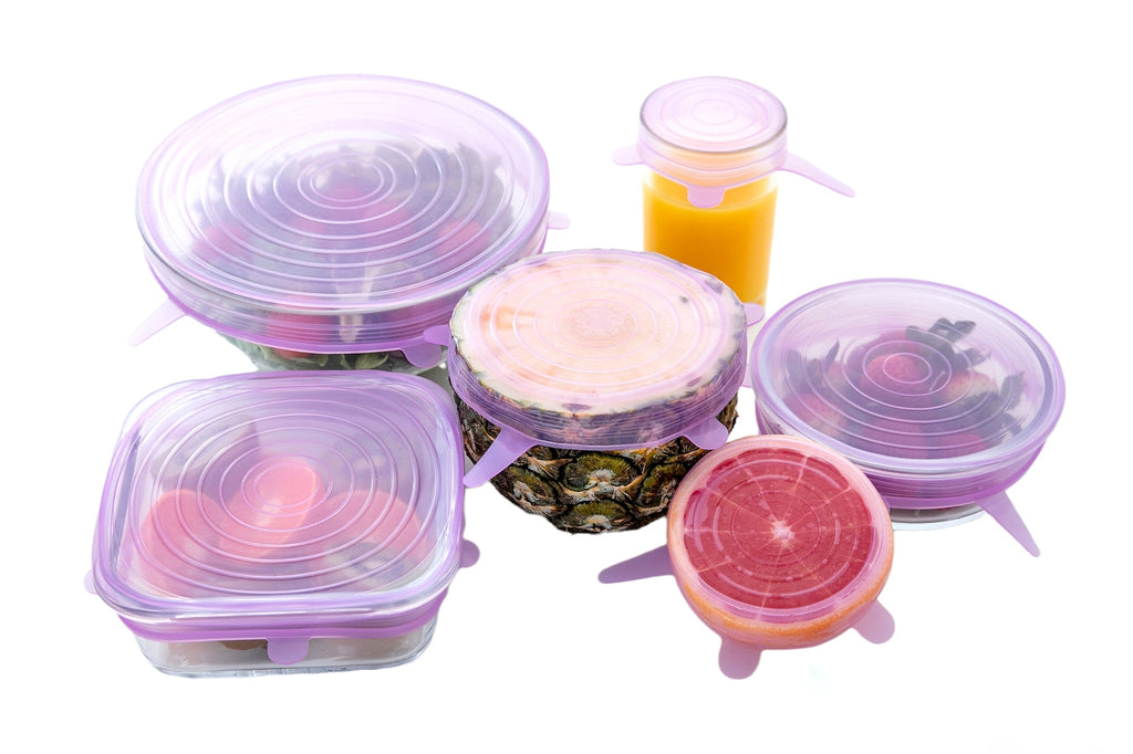 silicone stretch lids purple 6pcs can cover containers, bowls and plates. You can directly cover half cut fruits and vegetables 