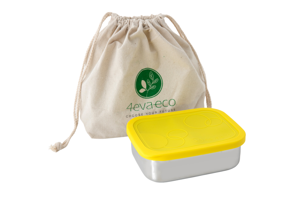 2 section stainless steel lunch box with silicone leakproof lid in 4evaeco original drawstring  cotton bag