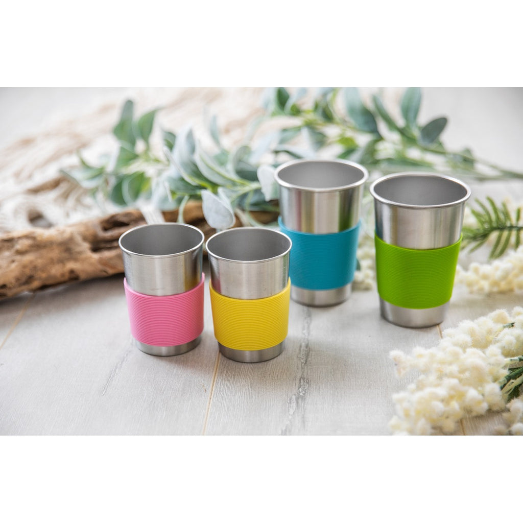 Stainless steel cups for kids and the adults. Pastel colour sleeves make your mealtime more fun.