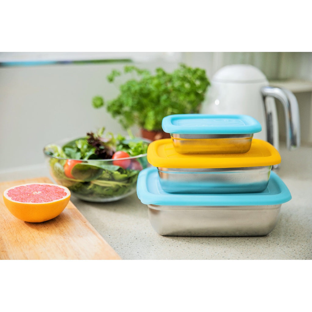 Stack and nest stainless steel food containers 3 sizes in a set. Designed with blue and orange leak-proof silicone lids.