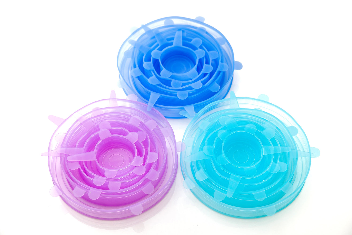 silicone stretch lids 6 pcs in blue, light blue and purple