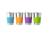 Assorted colour cups, orange, blue, purple and green