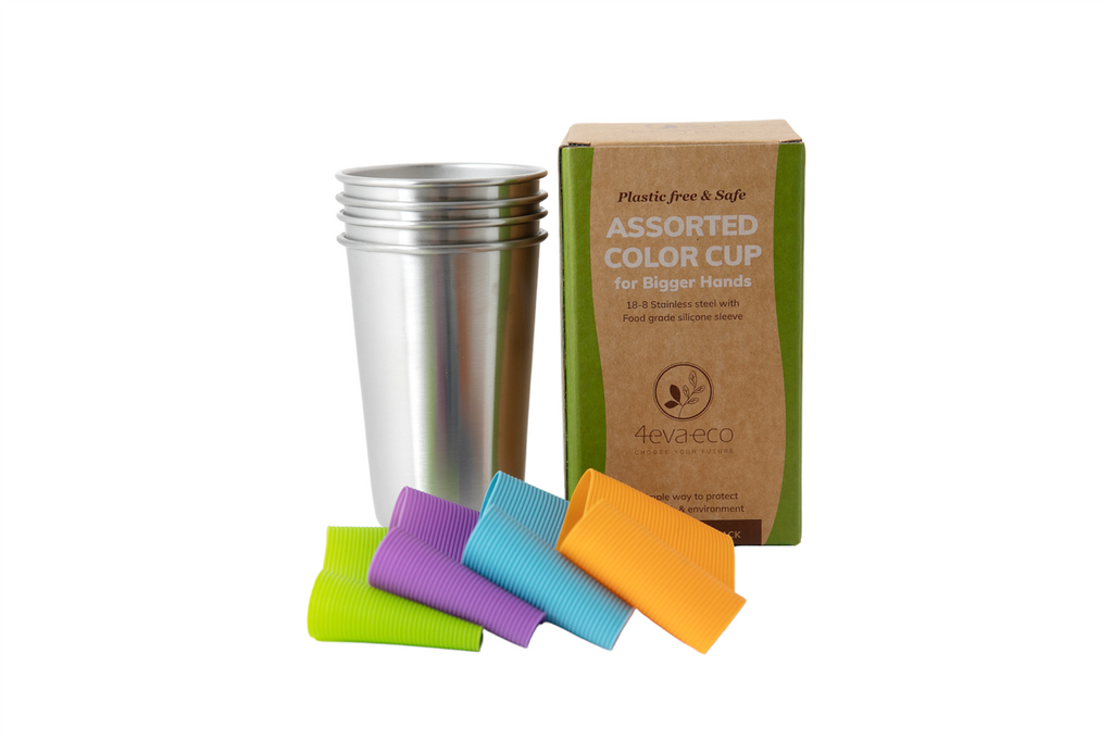 Assorted colour cups, orange, blue, purple and green