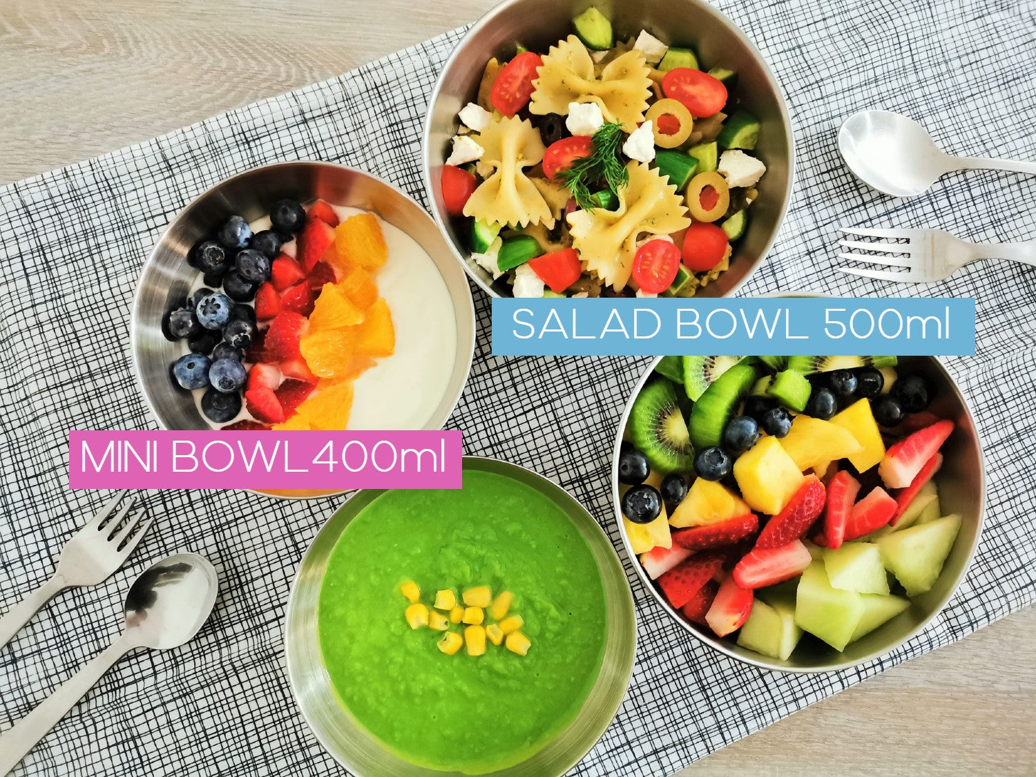 Pastel Salad Bowl 4pcs (2 x stainless steel bowls, 2 x silicone bowls) - Factory seconds