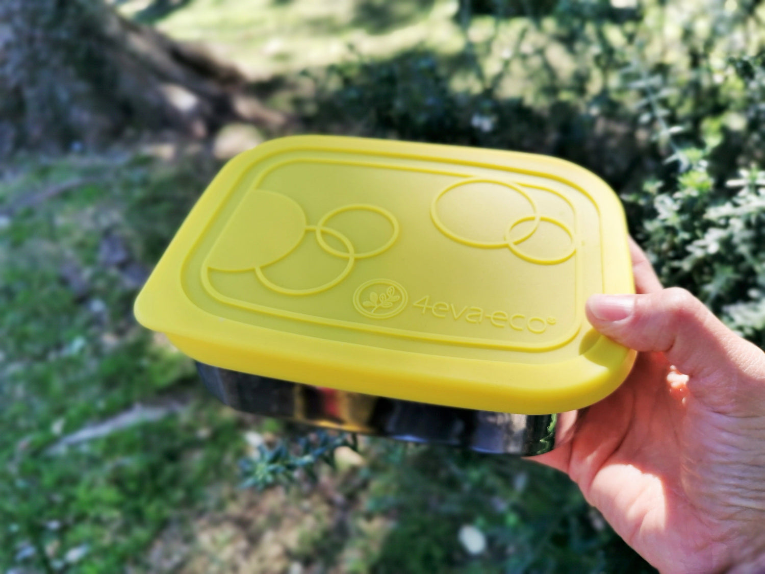 Holding a stainless steel 2 section lunch box in the park