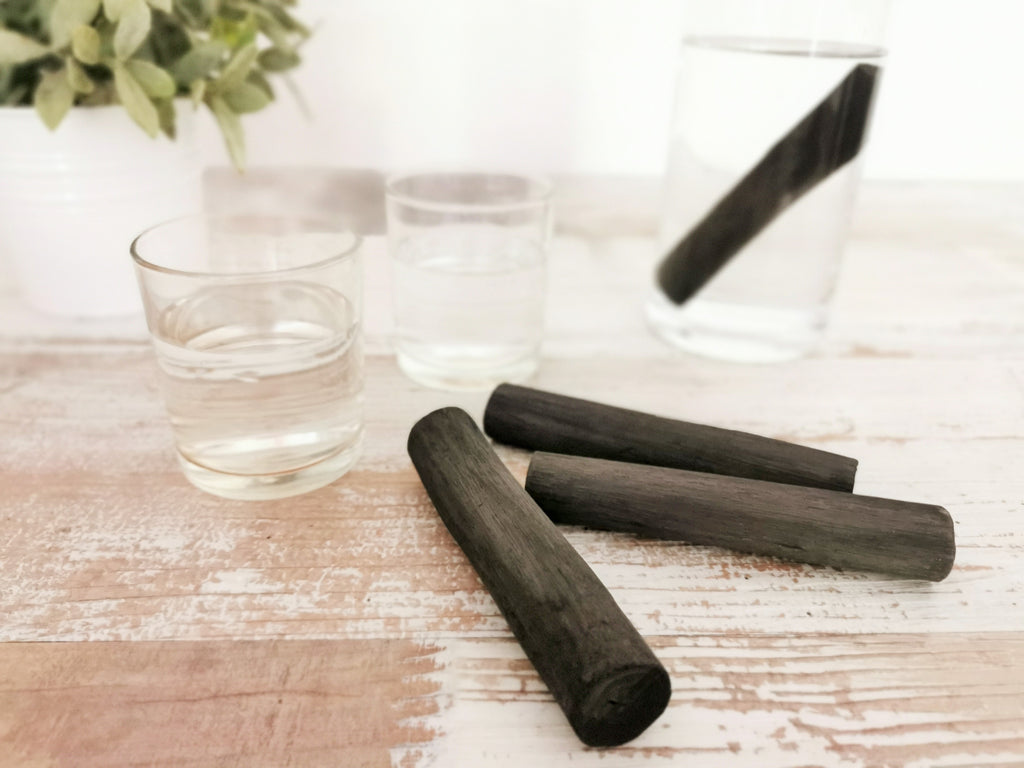 Binchotan charcoal water filters and purified water in a glass